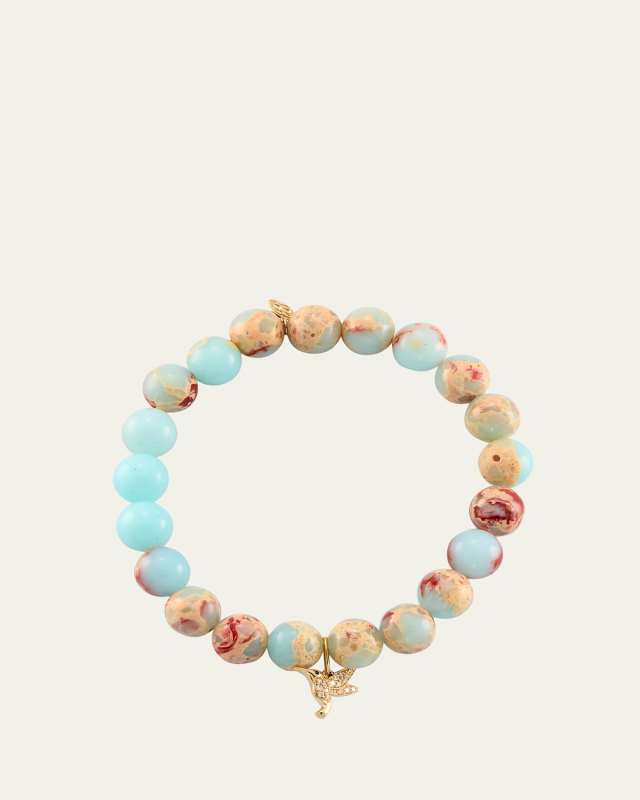 14K Gold & Diamond Hummingbird Charm on Jasper Beaded Bracelet